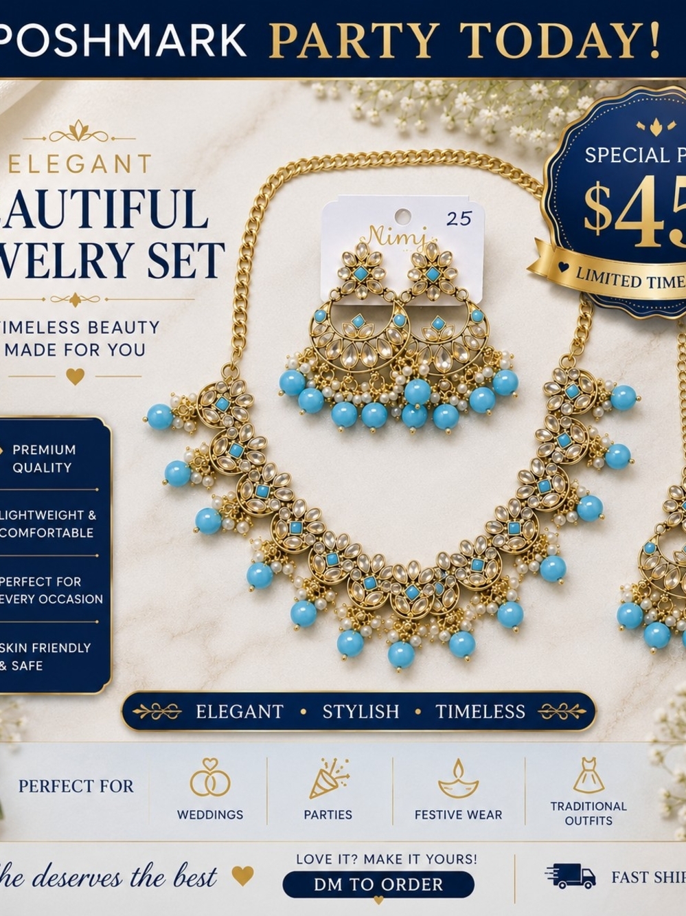 Gold-Tone Necklace & Earring Set with Turquoise Beads